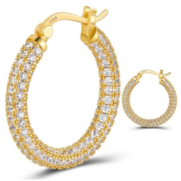 BijouStudios Earrings Jewelry - 14K Yellow Gold Sterling Silver with White Diamond Cubic Zirconia Hoop Earrings
